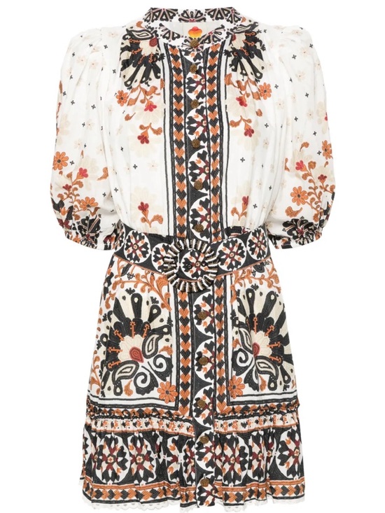 FARM Rio Dresses & Skirts - FARM Rio White Mini Dress with Black & Tan Floral Embroidery